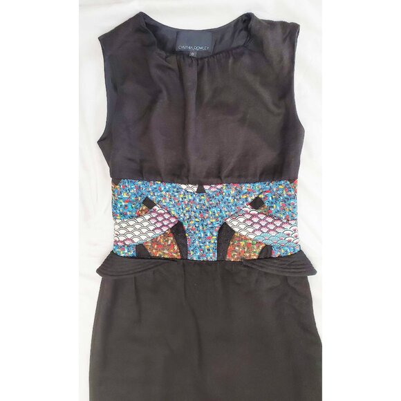 Cynthia Rowley Women's Black Sheath Dress with Asian Patchwork Waist Detail 0 - Picture 8 of 8
